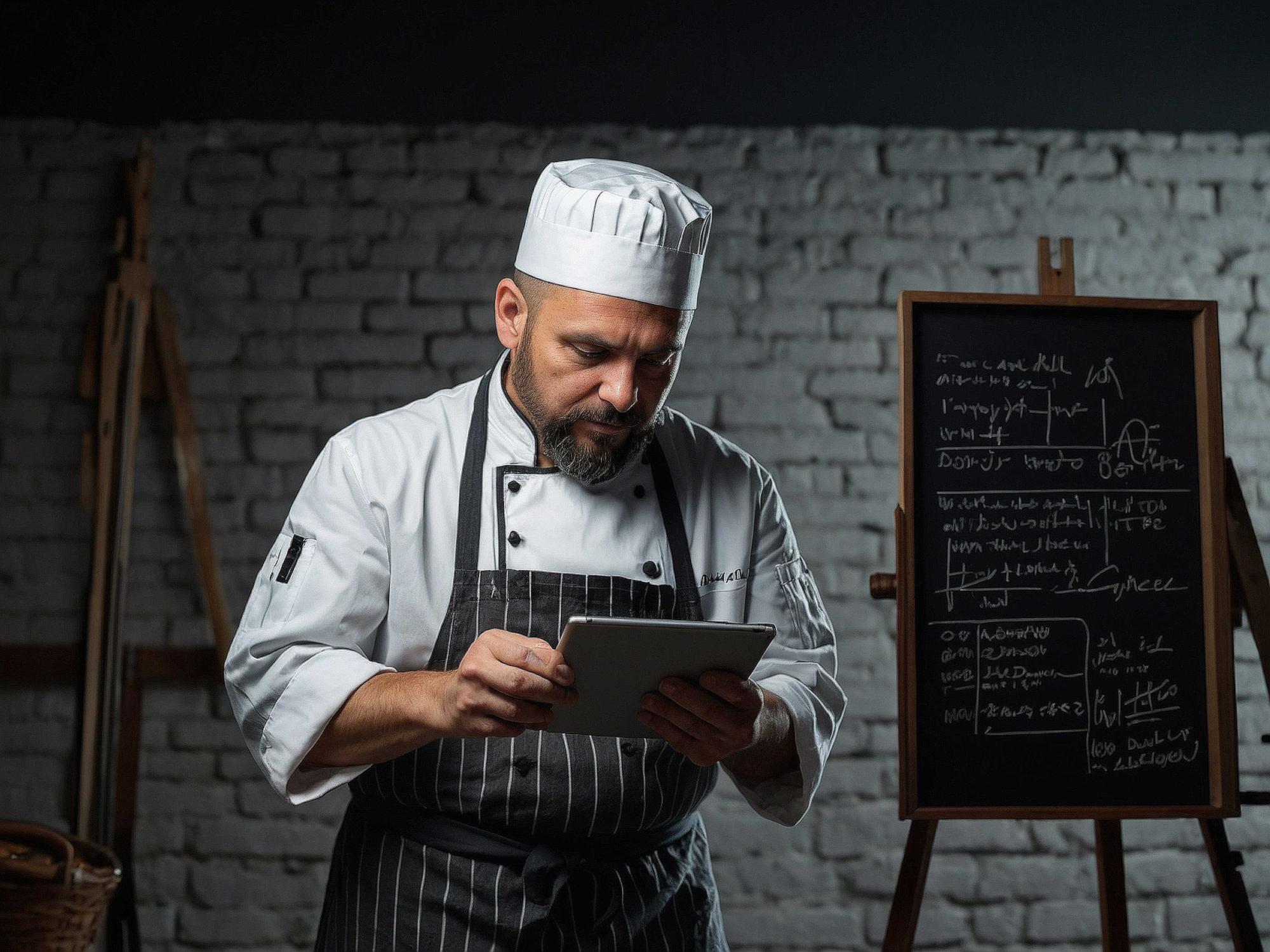 Szef kuchni z tabletem nad przygotowaną tacą